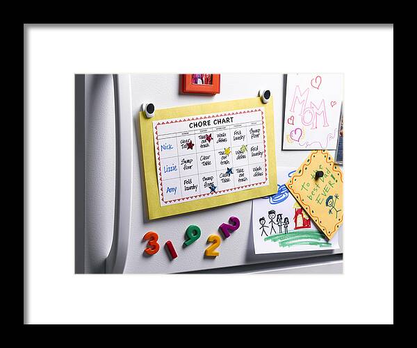 Domestic Room Framed Print featuring the photograph Chore Chart on Refrigerator by Jeffrey Coolidge