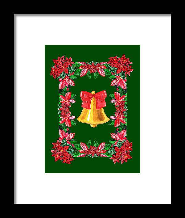 Gold Bell Framed Print featuring the painting Christmas Poinsettia Golden Bell With Red Bow Watercolor by Irina Sztukowski