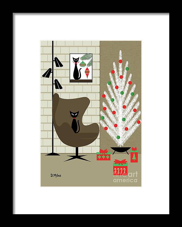 Mid Century Cat Framed Print featuring the digital art Christmas Room with Black Cat by Donna Mibus