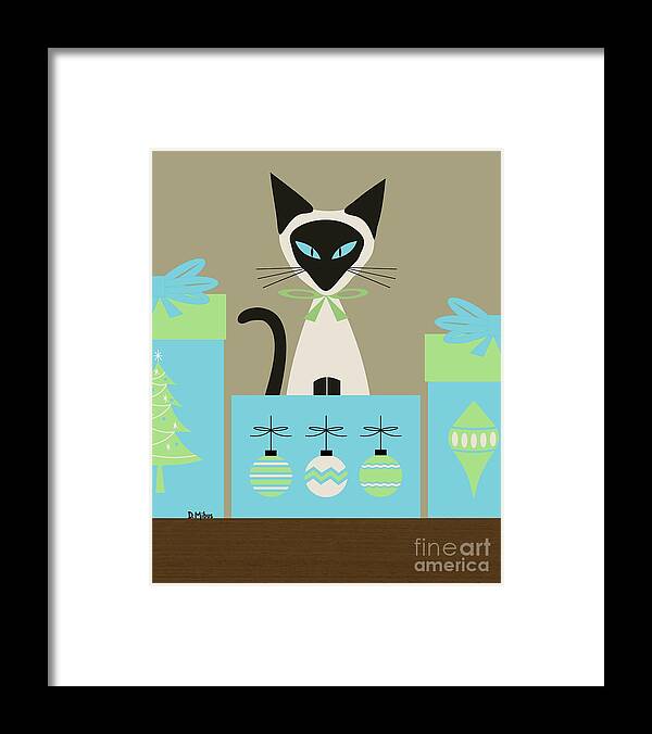 Mid Century Cat Framed Print featuring the digital art Christmas Siamese in Box by Donna Mibus