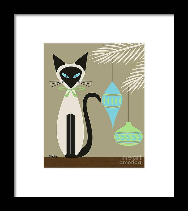 Mid Century Cat Framed Print featuring the digital art Christmas Siamese with Ornaments by Donna Mibus