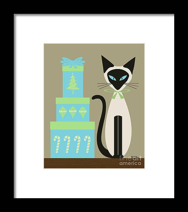 Mid Century Cat Framed Print featuring the digital art Christmas Siamese with Presents by Donna Mibus