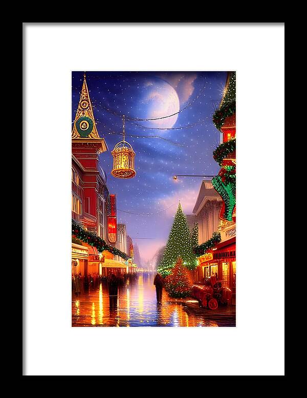 Digital Christmas City Shoppers Moon Framed Print featuring the digital art Christmas Under the Moon by Beverly Read