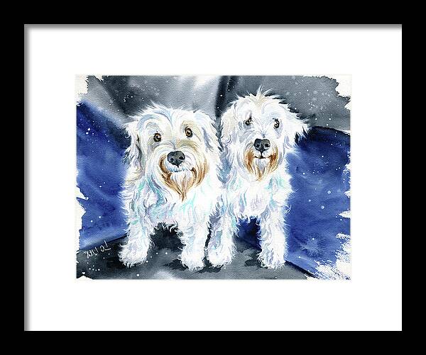 Schnauzer Framed Print featuring the painting Chuck and Max White Schnauzer Dog Painting by Dora Hathazi Mendes