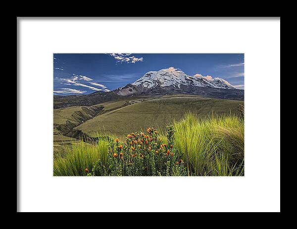 Andes Framed Print featuring the photograph Chuquirahua and Chimborazo volcano at dawn by Henri Leduc