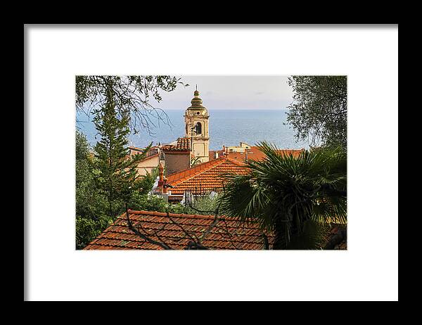 Jenny Rainbow Fine Art Photography Framed Print featuring the photograph Church Bell Tower - View from Gardens of Villa Pompeo Mariani - Bordighera by Jenny Rainbow