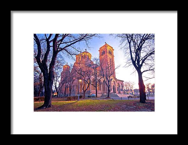 Belgrade Framed Print featuring the photograph Church of Saint Mark amd park in Belgrade dawn view by Brch Photography