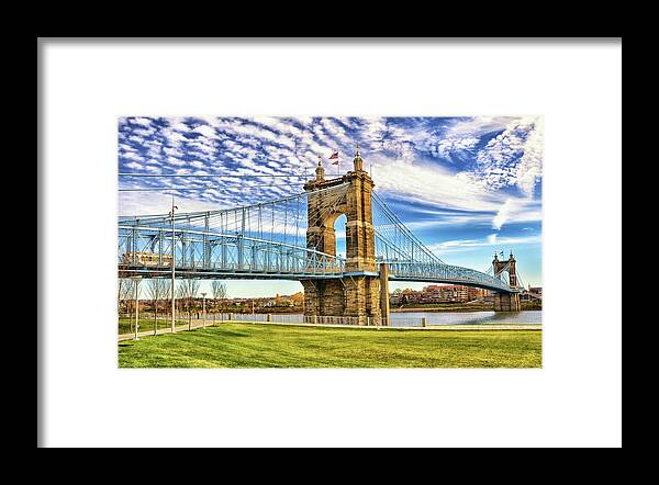 Cincinatti Framed Print featuring the photograph Cincinnati John A Roebling Suspension bridge by Karen Cox