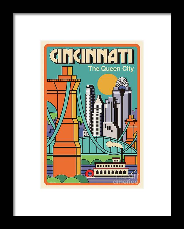 Cincinnati Framed Print featuring the digital art Cincinnati Poster - Vintage Pop Art Style by Jim Zahniser