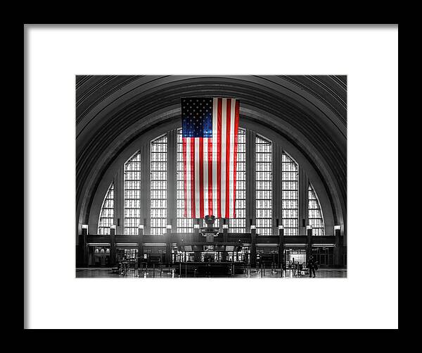 Interior Union Terminal Station Cincinnati Framed Print featuring the photograph Cincinnati Union Terminal Interior American Flag by Sharon Popek