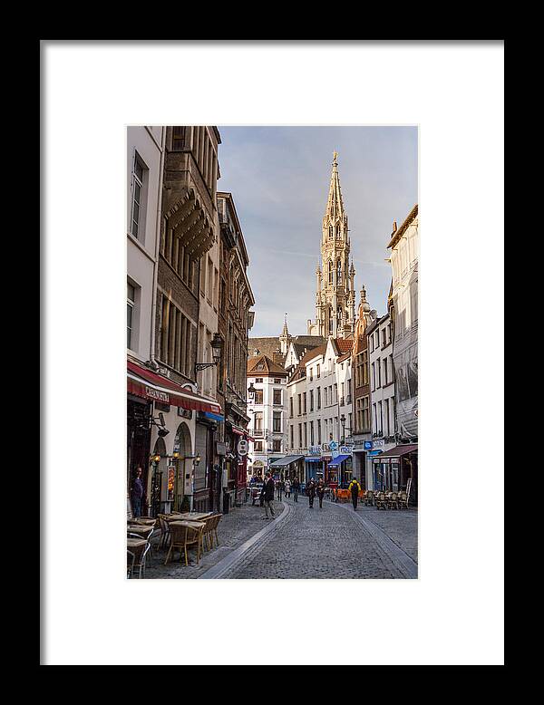 Belgium Framed Print featuring the photograph City Hall spire at tourist street by Merten Snijders