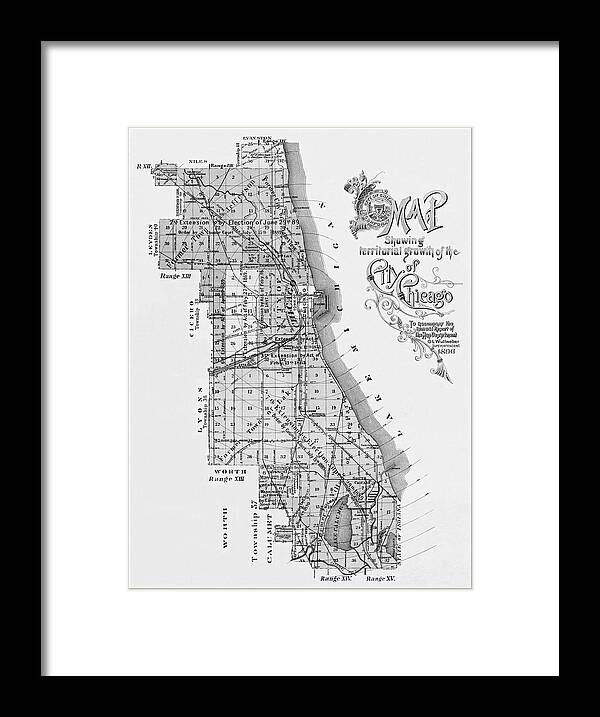 Chicago Framed Print featuring the photograph City of Chicago Antique Map 1896 Black and White by Carol Japp