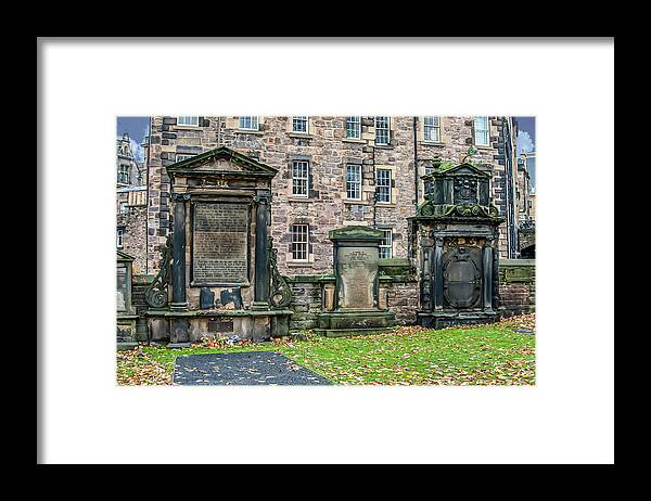 City Of Edinburgh Framed Print featuring the digital art City of Edinburgh Scotland - ancient cemetary by SnapHappy Photos