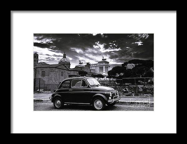 Cloud Framed Print featuring the digital art Classic Fiat 500 Cinquecento in Roma Lazio Italia Black and White by Stefano Senise