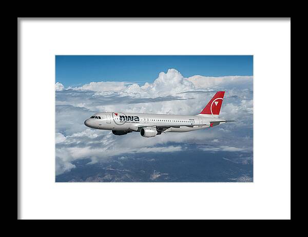 Northwest Airlines Framed Print featuring the mixed media Classic Northwest Airlines Airbus A320 Among the Clouds by Erik Simonsen