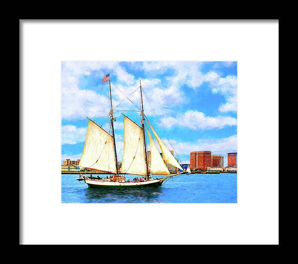 Boston Harbor Framed Print featuring the mixed media Classic Tall Ship In Boston Harbor by Mark E Tisdale