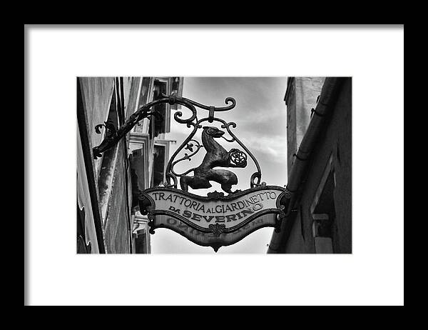Trattoria Framed Print featuring the photograph Classic Trattoria Sign in Venice Italy Black and White by Shawn O'Brien