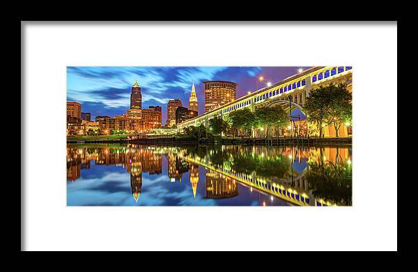 America Framed Print featuring the photograph Cleveland Ohio Skyline Panorama Along the Cuyahoga River Waterfront by Gregory Ballos
