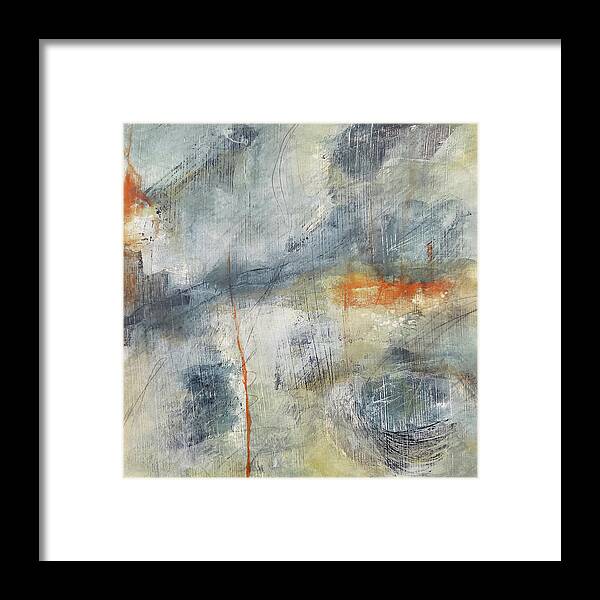 Colorful Abstract Framed Print featuring the painting CLIMATE CHANGE Abstract Movement in Stone Blue Orange Ochre White by Lynnie Lang