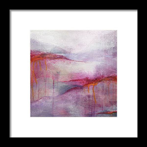 Red Framed Print featuring the painting CLIMATE CHANGE III Abstract Landscape Sunset in Red Pink Purple Orange Gray by Lynnie Lang