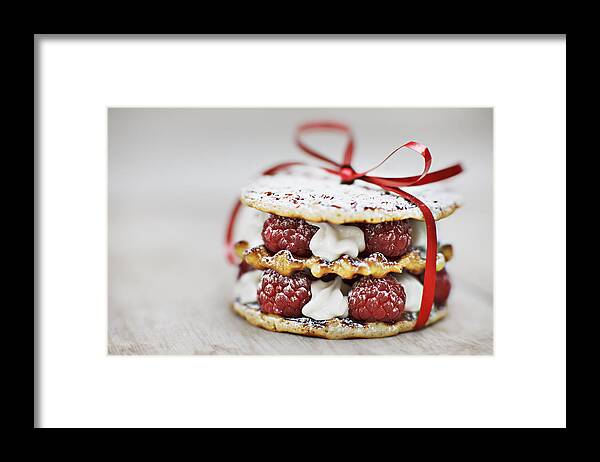 Unhealthy Eating Framed Print featuring the photograph Close up of raspberry and cream cookie dessert by Tom Merton