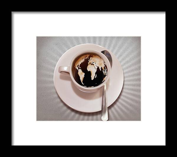Voice Framed Print featuring the drawing Close-up of world map imprinted in coffee representing morning coffee by Fanatic Studio