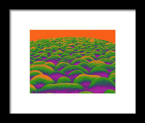 Abstract Framed Print featuring the digital art Close Up To A Rock Wall, Red, Orange, Green, And Purple by David Desautel