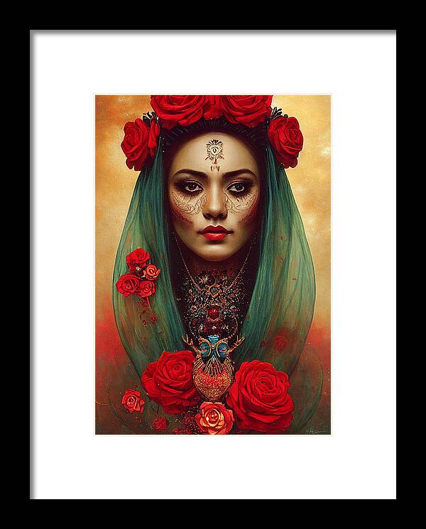 Beautiful Framed Print featuring the painting Closeup Portrait Of Beautiful Mexican Queen Of Th 4fe6ce64 5481 4142 Ae54 E451d4f6a147 by MotionAge Designs