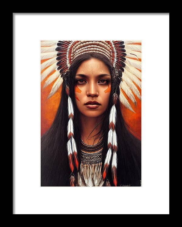 Beautiful Framed Print featuring the painting Closeup Portrait Of Beautiful Native American Wom 44777eb4 86ef 451e 8412 15e4cf2e6574 by MotionAge Designs