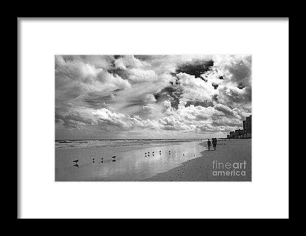 B&w Framed Print featuring the photograph Clouds at the Beach in Black and White by Neala McCarten
