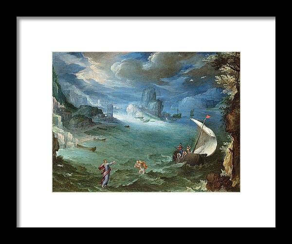 Paul Bril Framed Print featuring the painting Coastal Landscape with the Calling of Saint Peter by Paul Bril