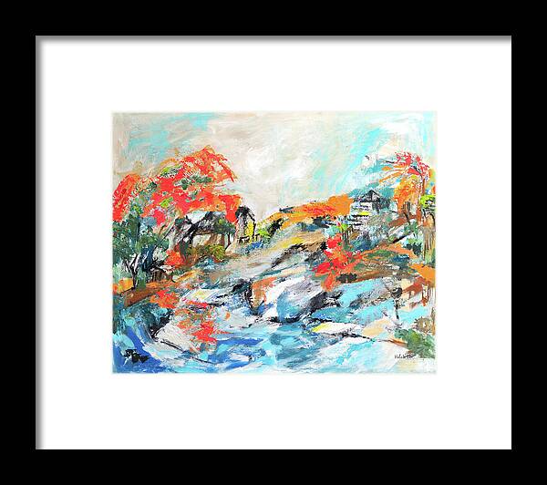 Coastal Village Abstract Framed Print featuring the painting Coastal Village by Haleh Mahbod