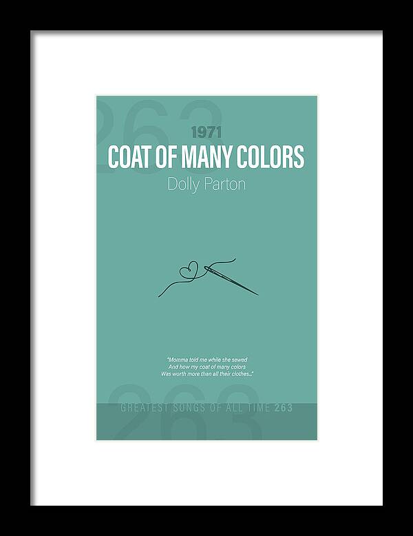 Coat Of Many Colors Framed Print featuring the mixed media Coat Of Many Colors Dolly Parton Minimalist Song Lyrics Greatest Hits of All Time 263 by Design Turnpike