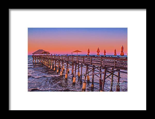 Cocoa Beach Framed Print featuring the photograph Cocoa Beach Pier at Sunset by Sandy Moulder