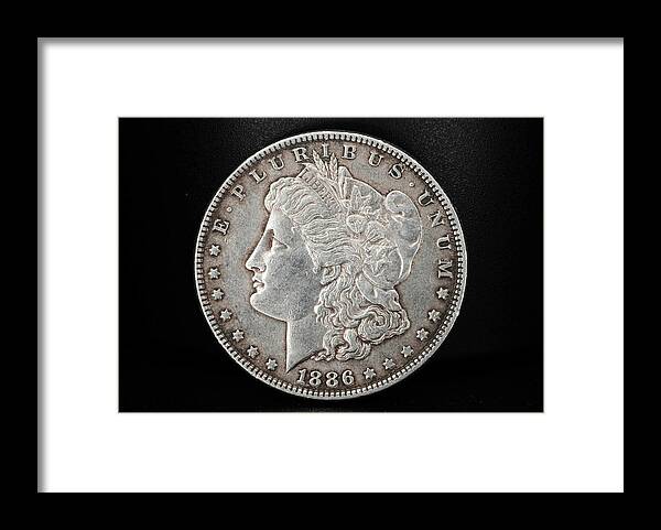 Antique Framed Print featuring the photograph Coin Collecting - 1886 Morgan Dollar Face Side by Amelia Pearn