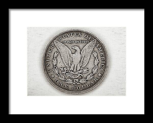 Antique Framed Print featuring the photograph Coin Collecting - 1887 Morgan Dollar Eagle Side by Amelia Pearn