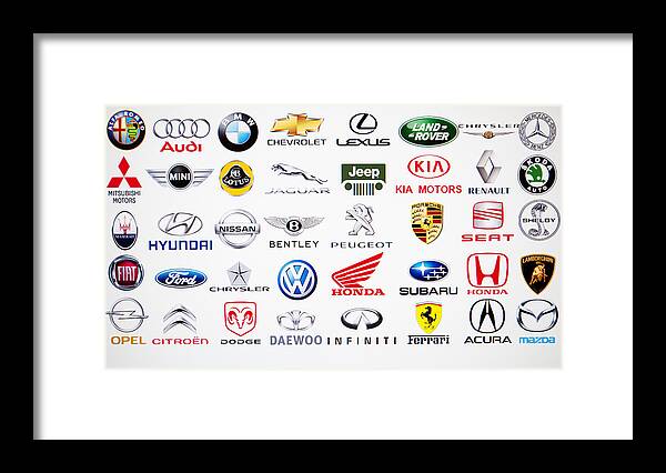 Kia Framed Print featuring the photograph Collection of car brand logos by Aleksle