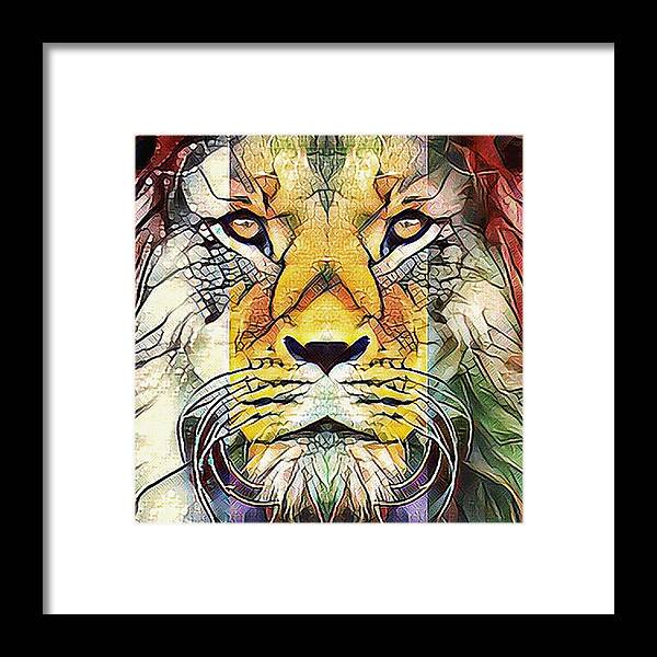 Colorful Lion Framed Print featuring the mixed media Colorful African Lion Portrait Wildlife Pop Art by Shelli Fitzpatrick