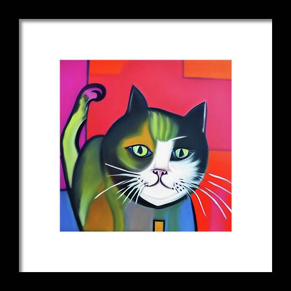 Cat Framed Print featuring the digital art Colorful cat by Tatiana Travelways