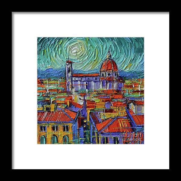 Colorful Florence Rooftops Framed Print featuring the painting COLORFUL FLORENCE ROOFTOPS stylized palette knife oil painting Mona Edulesco by Mona Edulesco