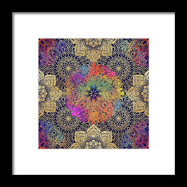Mandala Framed Print featuring the digital art Colorful Gold Mandala Pattern in Black Background by Sambel Pedes