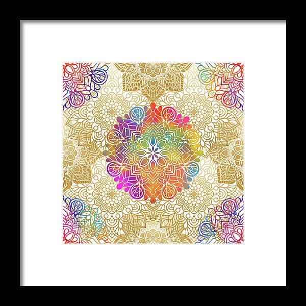 Mandala Framed Print featuring the digital art Colorful Gold Mandala Pattern by Sambel Pedes