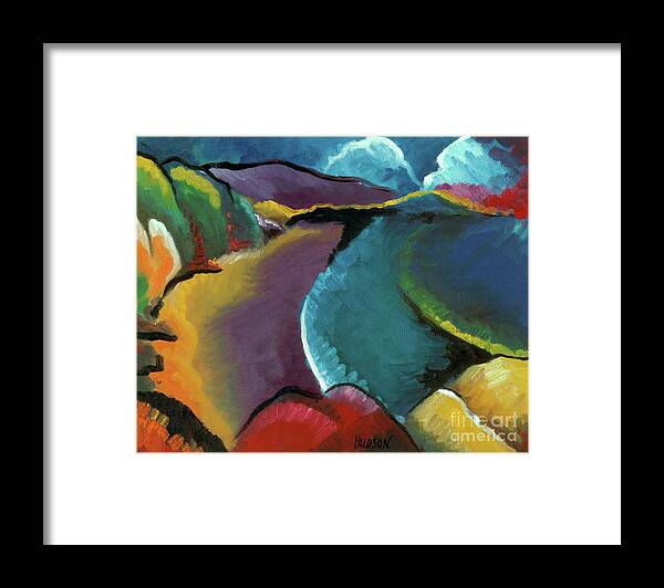 Colorful Framed Print featuring the painting colorful landscape painting - Rocky Beach by Sharon Hudson