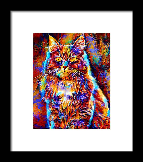 Maine Coon Framed Print featuring the digital art Colorful Maine Coon cat sitting - digital painting by Nicko Prints