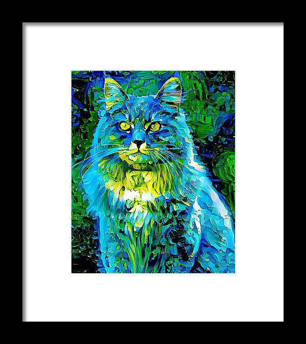 Maine Coon Framed Print featuring the digital art Colorful Maine Coon cat sitting - green and blue palette knife oil texture by Nicko Prints