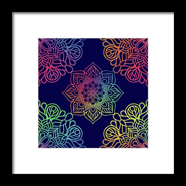 Mandala Framed Print featuring the digital art Colorful Mandala Pattern In Blue Background by Sambel Pedes