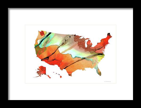 Map Framed Print featuring the painting Colorful Map of The United States Of America 28 - Sharon Cummings by Sharon Cummings
