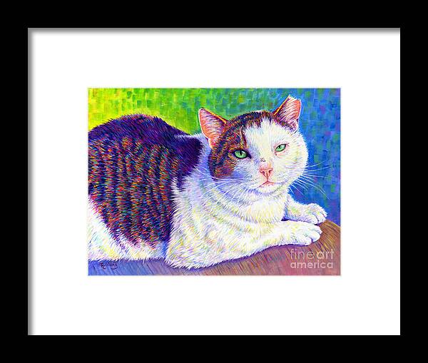 Cat Framed Print featuring the painting Colorful Pet Portrait - MC the Cat by Rebecca Wang