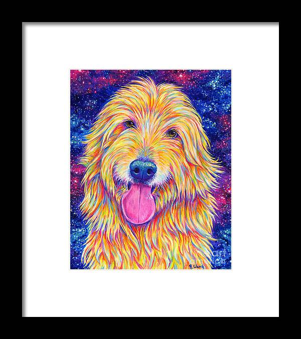 Goldendoodle Framed Print featuring the painting Colorful Rainbow Goldendoodle by Rebecca Wang