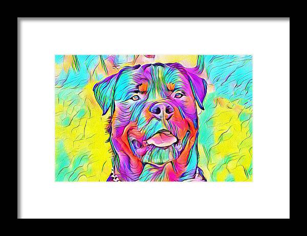 Rottweiler Dog Framed Print featuring the digital art Colorful Rottweiler dog portrait - digital painting by Nicko Prints